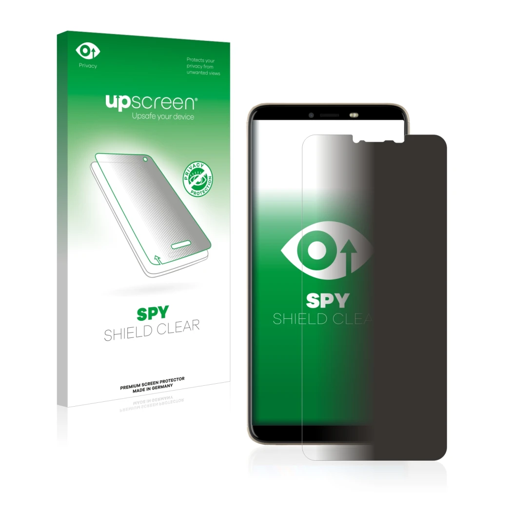Parte frontal de un envase de producto con el logotipo de la marca upscreen. Al lado se muestra el dispositivo Tecno Spark 2 c