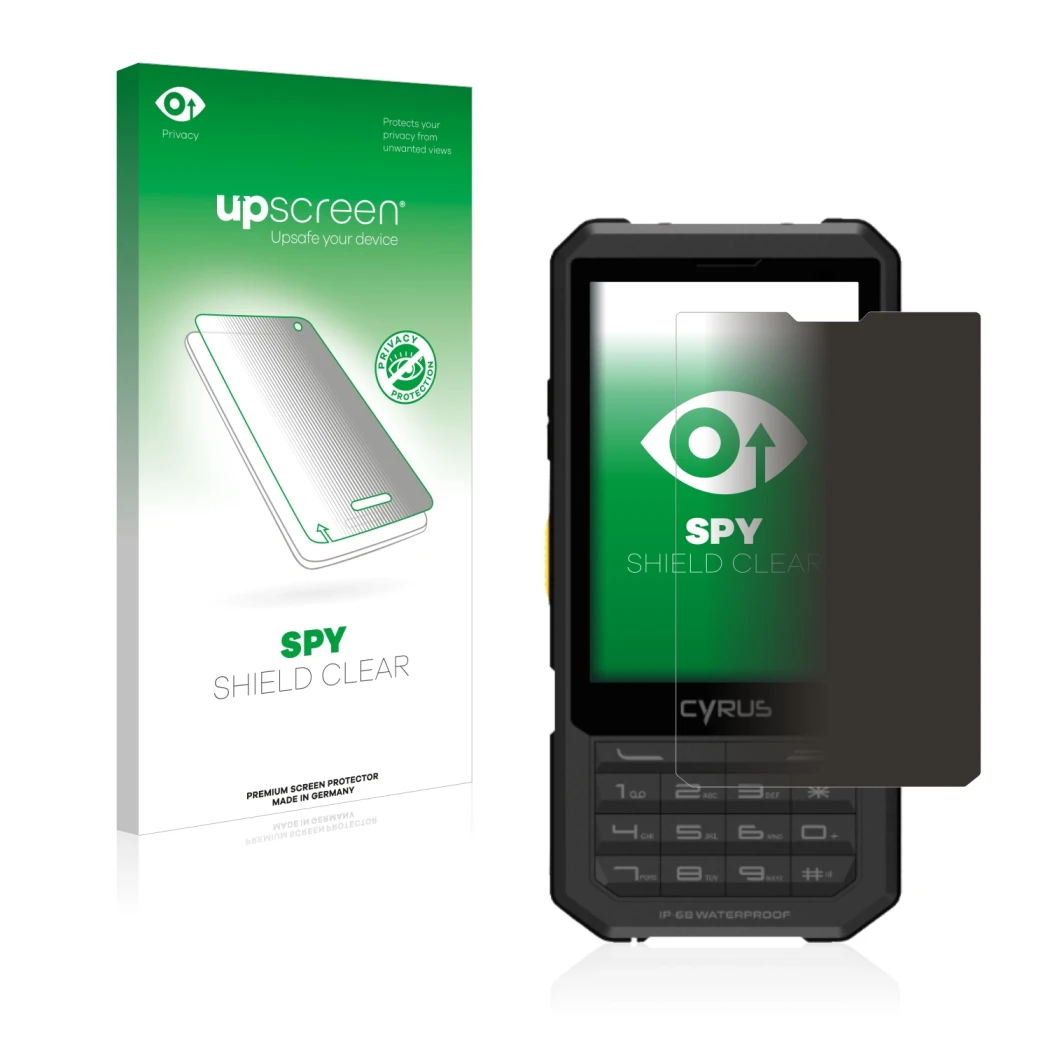 Parte frontal de un envase de producto con el logotipo de la marca upscreen. Al lado se muestra el dispositivo Cyrus CM 17 Hyb