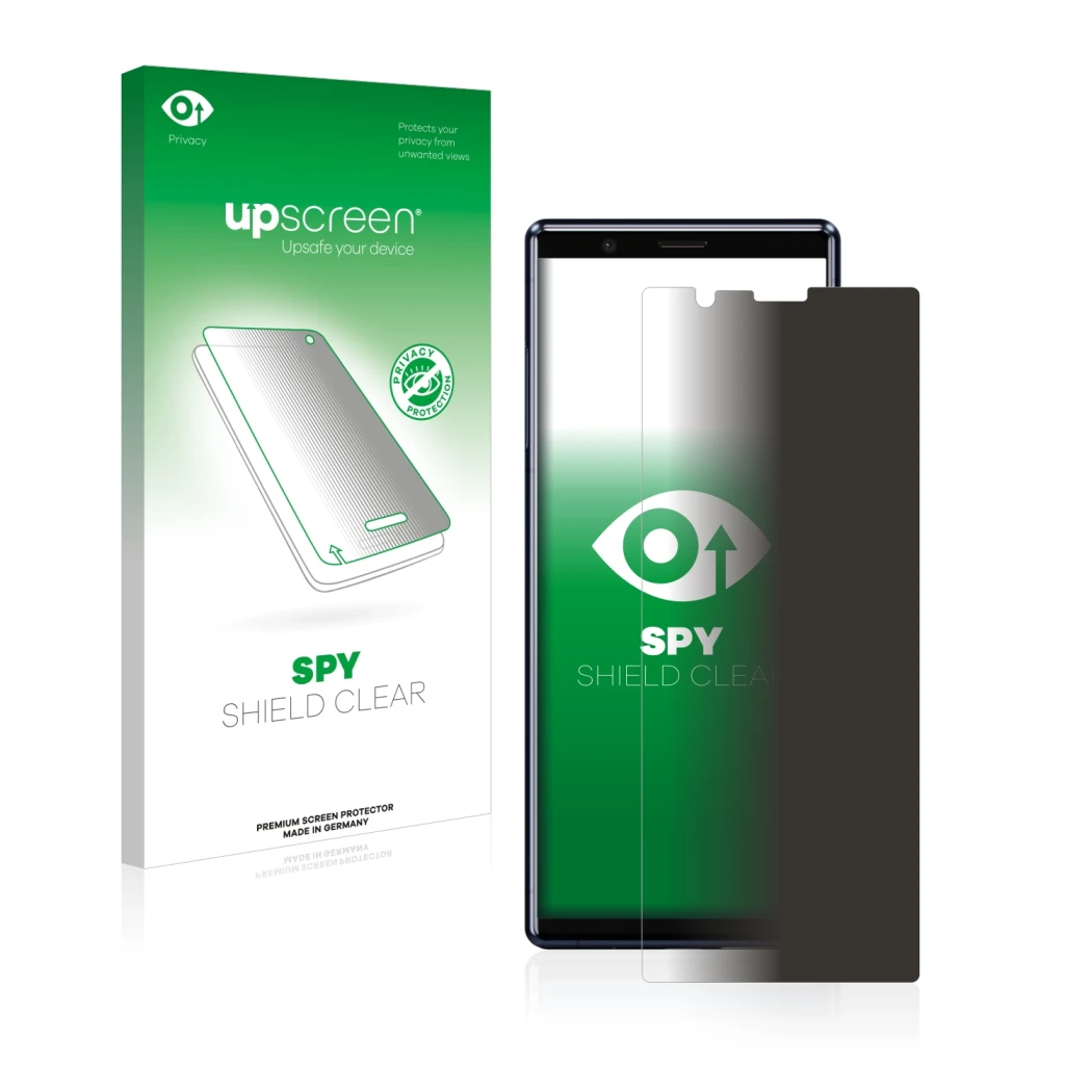 Parte frontal de un envase de producto con el logotipo de la marca upscreen. Al lado se muestra el dispositivo Sony Xperia 5 c