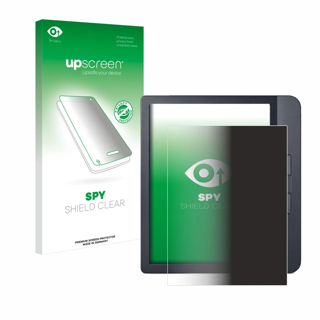 Parte frontal de un envase de producto con el logotipo de la marca upscreen. Al lado se muestra el dispositivo Kobo Libra H2O