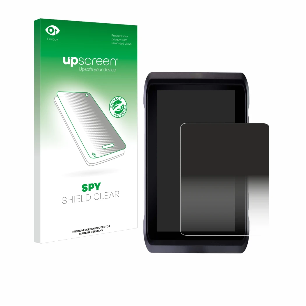 Parte frontal de un envase de producto con el logotipo de la marca upscreen. Al lado se muestra el dispositivo Atomos Shogun 7