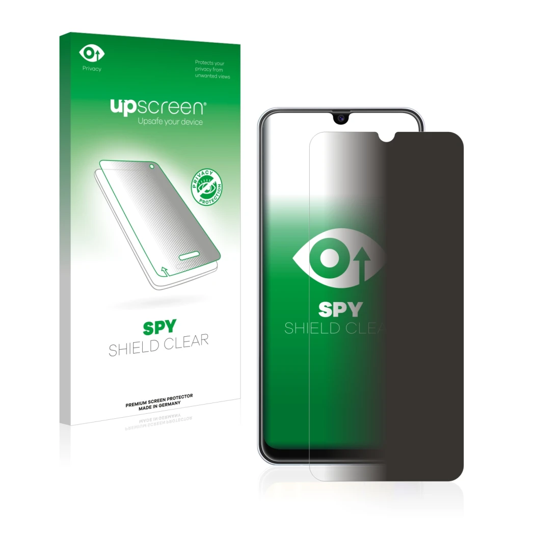 Parte frontal de un envase de producto con el logotipo de la marca upscreen. Al lado se muestra el dispositivo Samsung Galaxy