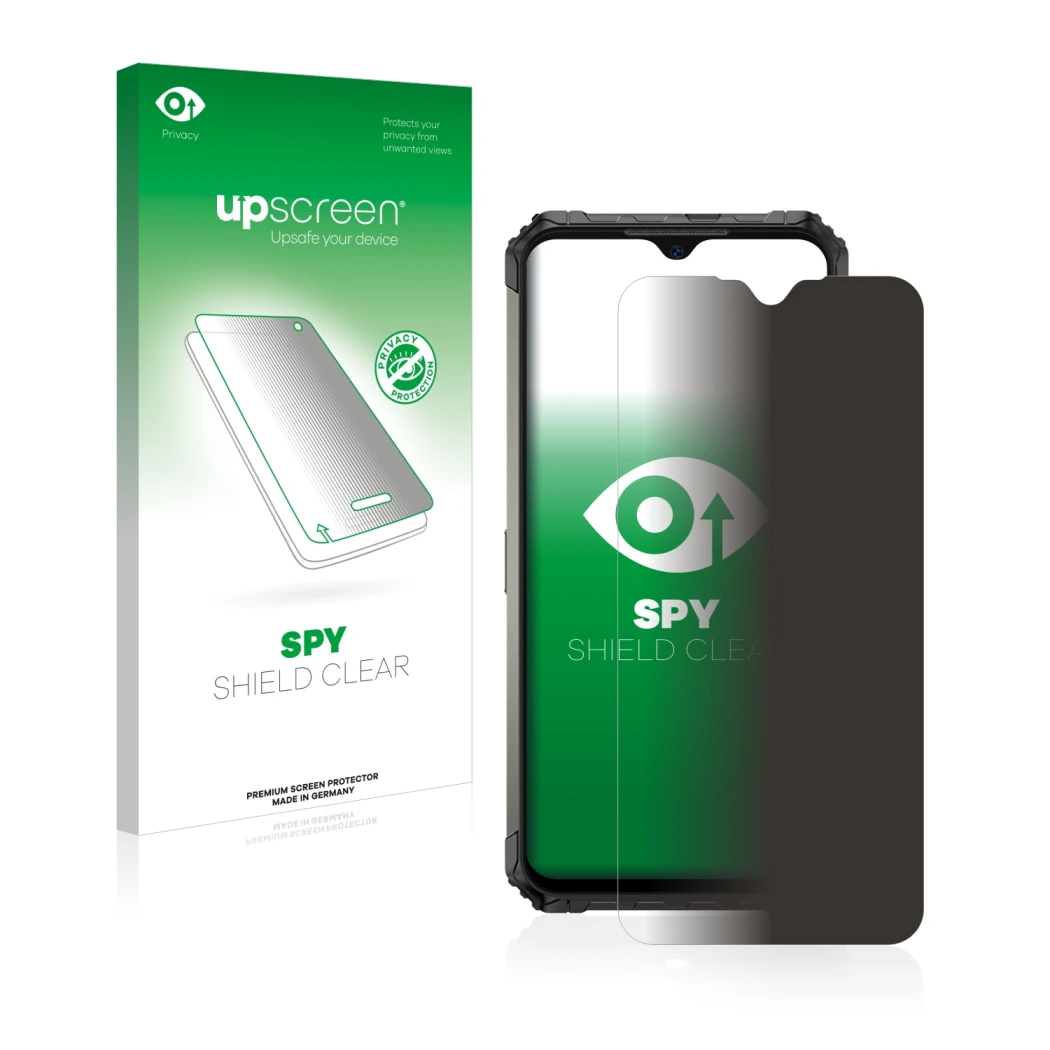 Parte frontal de un envase de producto con el logotipo de la marca upscreen. Al lado se muestra el dispositivo Ulefone Armor 7