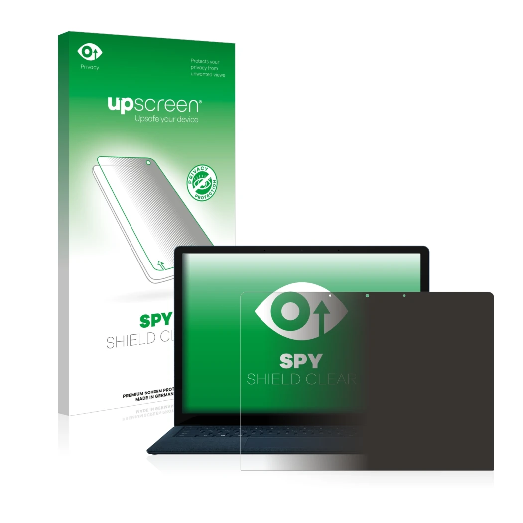 Parte frontal de un envase de producto con el logotipo de la marca upscreen. Al lado se muestra el dispositivo Microsoft Surfa
