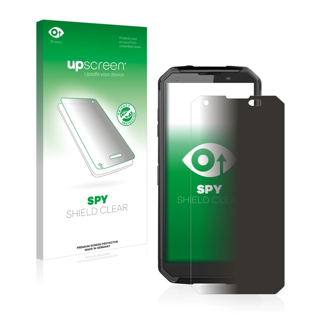 Parte frontal de un envase de producto con el logotipo de la marca upscreen. Al lado se muestra el dispositivo Blackview BV950