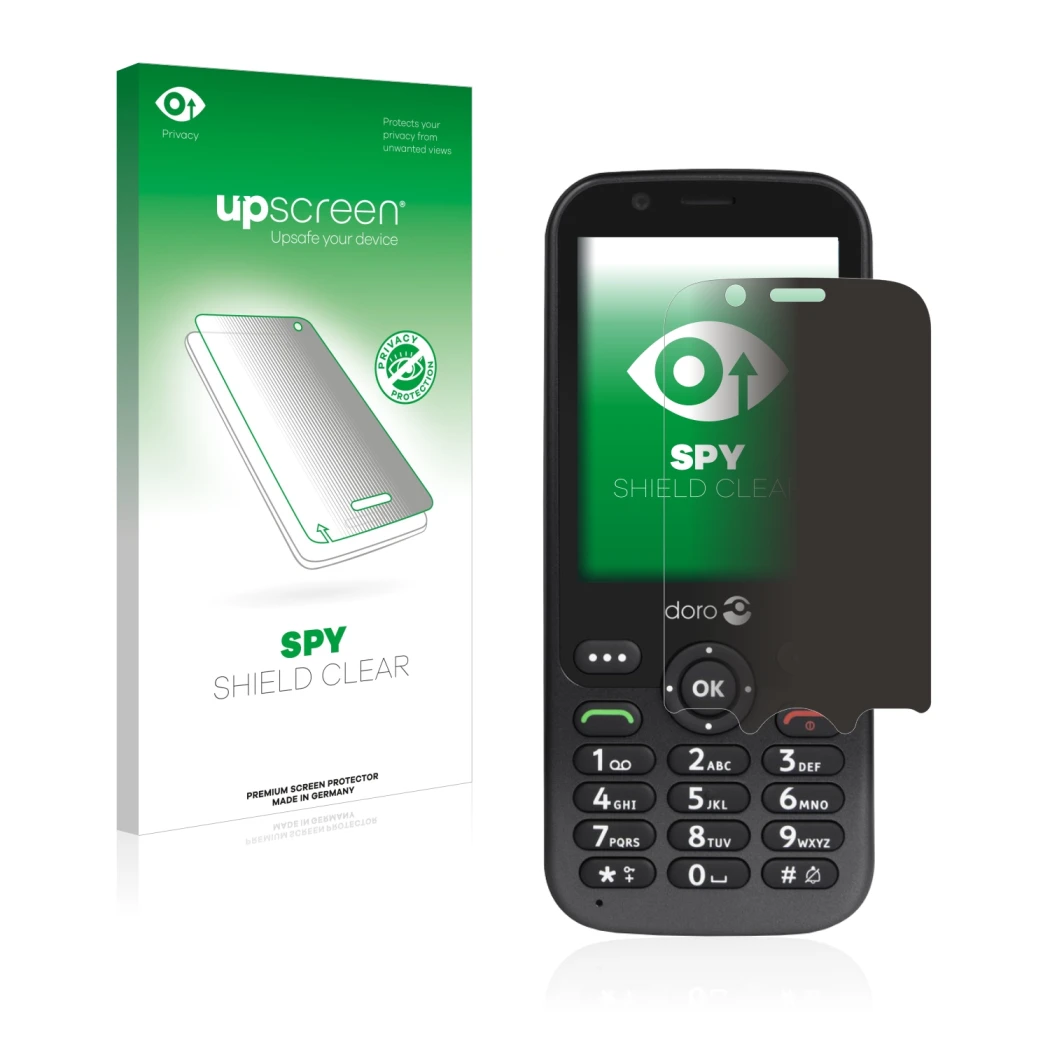 Parte frontal de un envase de producto con el logotipo de la marca upscreen. Al lado se muestra el dispositivo Doro 7010 con s