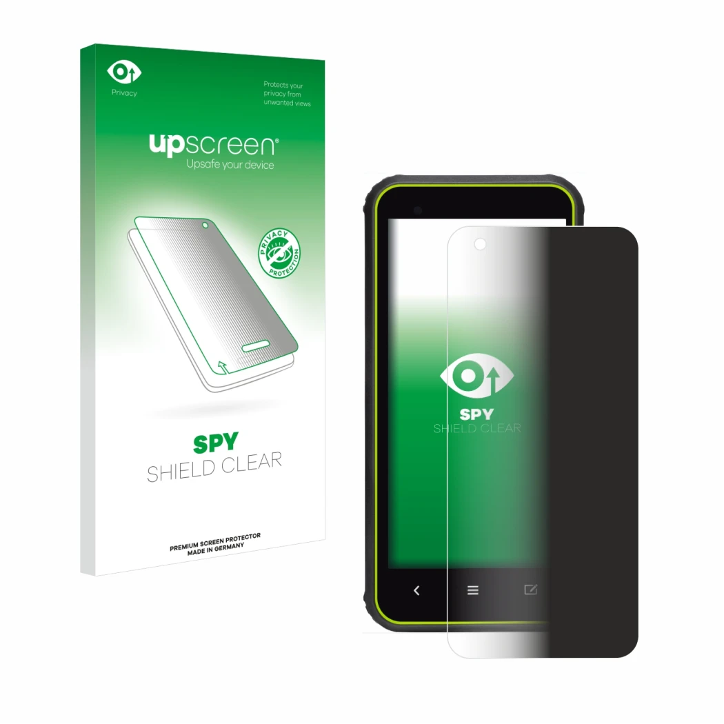 Parte frontal de un envase de producto con el logotipo de la marca upscreen. Al lado se muestra el dispositivo SkyCaddie SX400