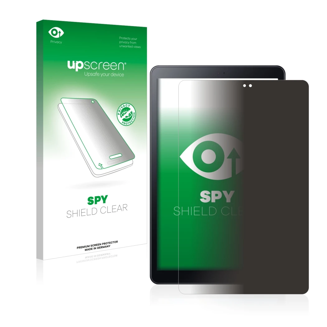 Parte frontal de un envase de producto con el logotipo de la marca upscreen. Al lado se muestra el dispositivo Samsung Galaxy 