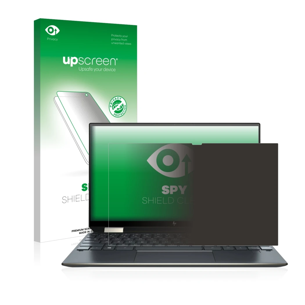 Parte frontal de un envase de producto con el logotipo de la marca upscreen. Al lado se muestra el dispositivo HP Spectre x360