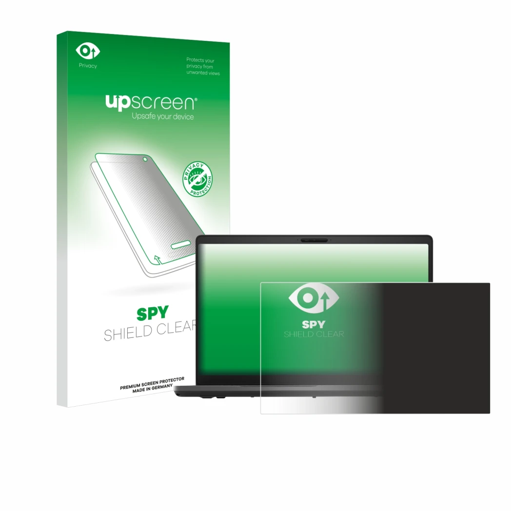 Parte frontal de un envase de producto con el logotipo de la marca upscreen. Al lado se muestra el dispositivo Dell Latitude 5