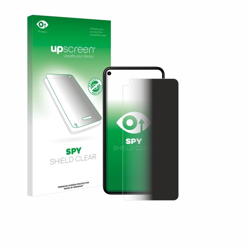 Parte frontal de un envase de producto con el logotipo de la marca upscreen. Al lado se muestra el dispositivo Google Pixel 5