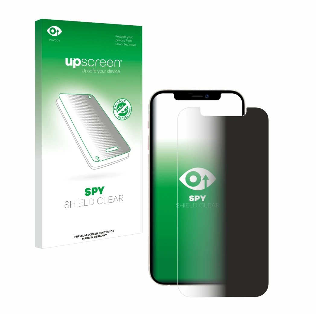 Parte frontal de un envase de producto con el logotipo de la marca upscreen. Al lado se muestra el dispositivo Apple iPhone 12