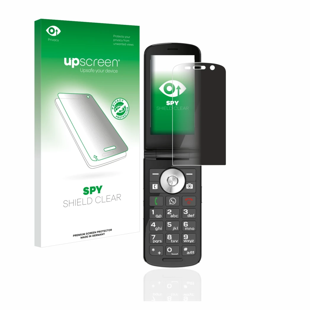 Parte frontal de un envase de producto con el logotipo de la marca upscreen. Al lado se muestra el dispositivo Emporia TOUCHsm