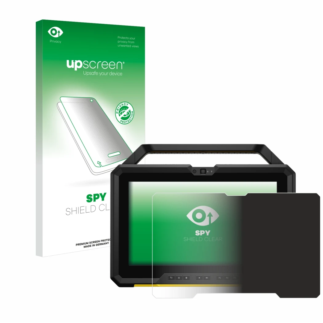 Parte frontal de un envase de producto con el logotipo de la marca upscreen. Al lado se muestra el dispositivo Dell Latitude 7