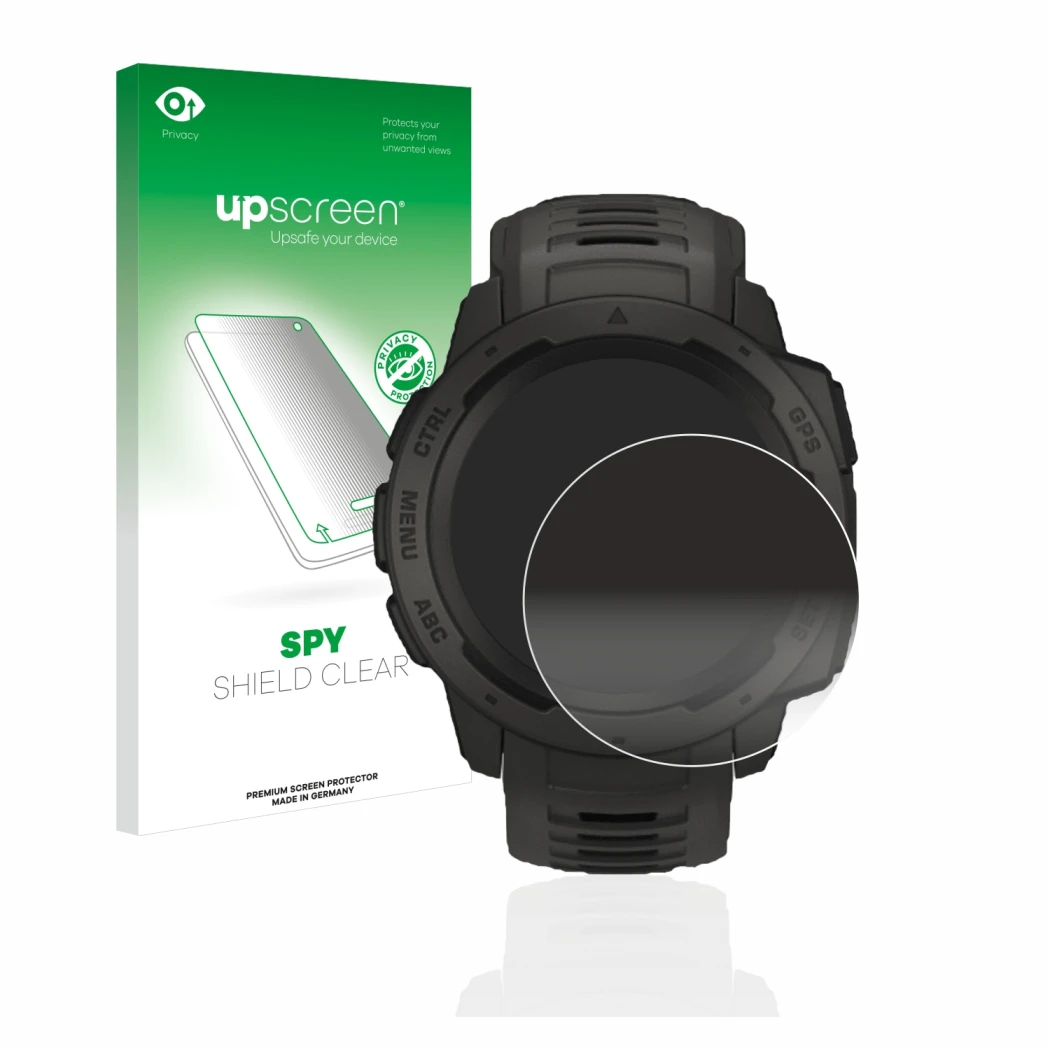 Parte frontal de un envase de producto con el logotipo de la marca upscreen. Al lado se muestra el dispositivo Garmin Instinct
