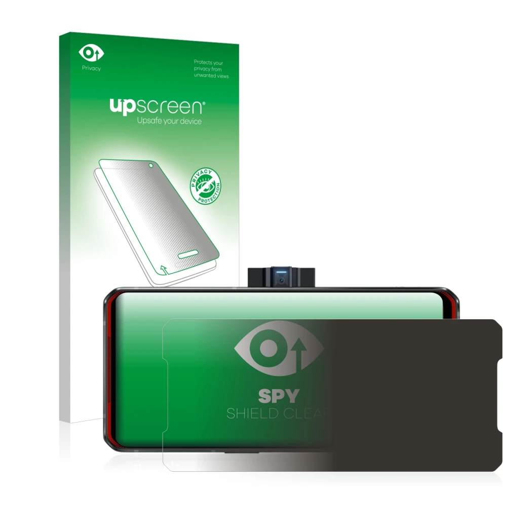 Parte frontal de un envase de producto con el logotipo de la marca upscreen. Al lado se muestra el dispositivo Lenovo Legion D