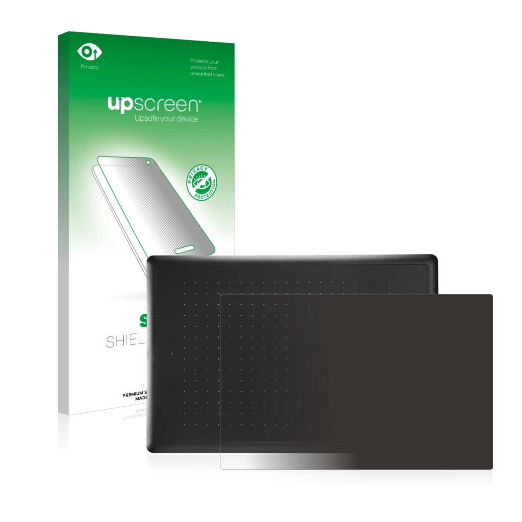 Parte frontal de un envase de producto con el logotipo de la marca upscreen. Al lado se muestra el dispositivo Wacom One Mediu