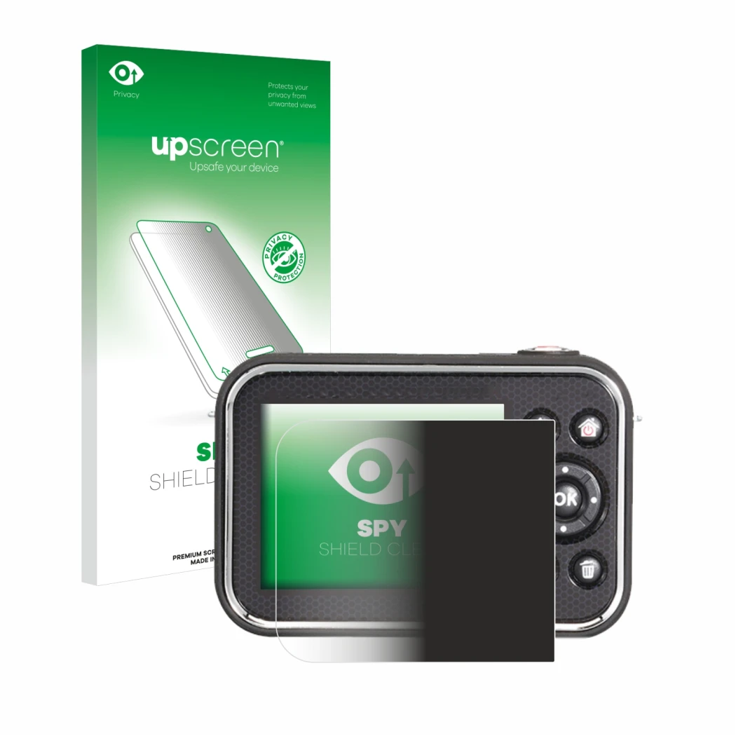 Parte frontal de un envase de producto con el logotipo de la marca upscreen. Al lado se muestra el dispositivo Vtech Kidizoom 