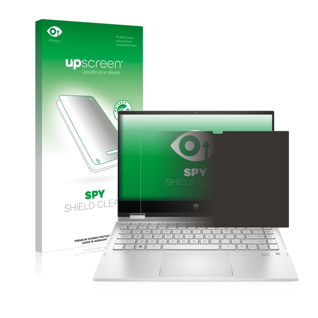 Parte frontal de un envase de producto con el logotipo de la marca upscreen. Al lado se muestra el dispositivo HP Pavilion x36