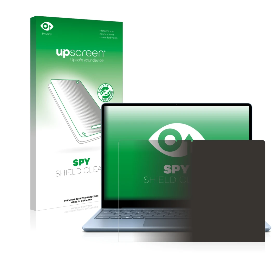 Parte frontal de un envase de producto con el logotipo de la marca upscreen. Al lado se muestra el dispositivo Microsoft Surfa