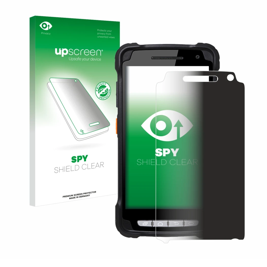 Parte frontal de un envase de producto con el logotipo de la marca upscreen. Al lado se muestra el dispositivo Point Mobile PM