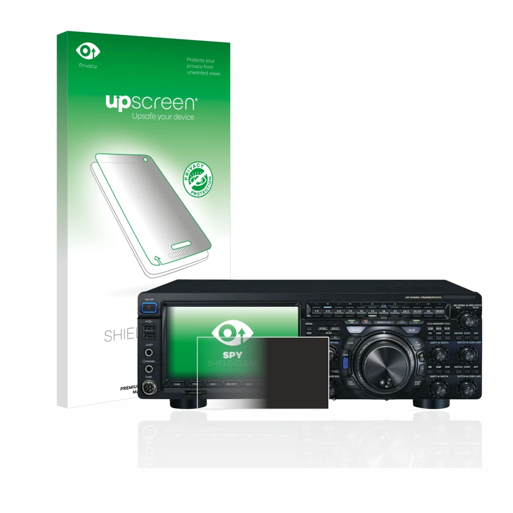 Parte frontal de un envase de producto con el logotipo de la marca upscreen. Al lado se muestra el dispositivo Yaesu FT-DX101D