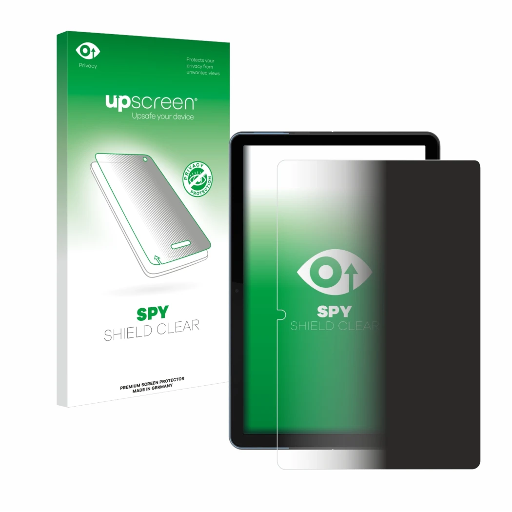 Parte frontal de un envase de producto con el logotipo de la marca upscreen. Al lado se muestra el dispositivo Lenovo IdeaPad