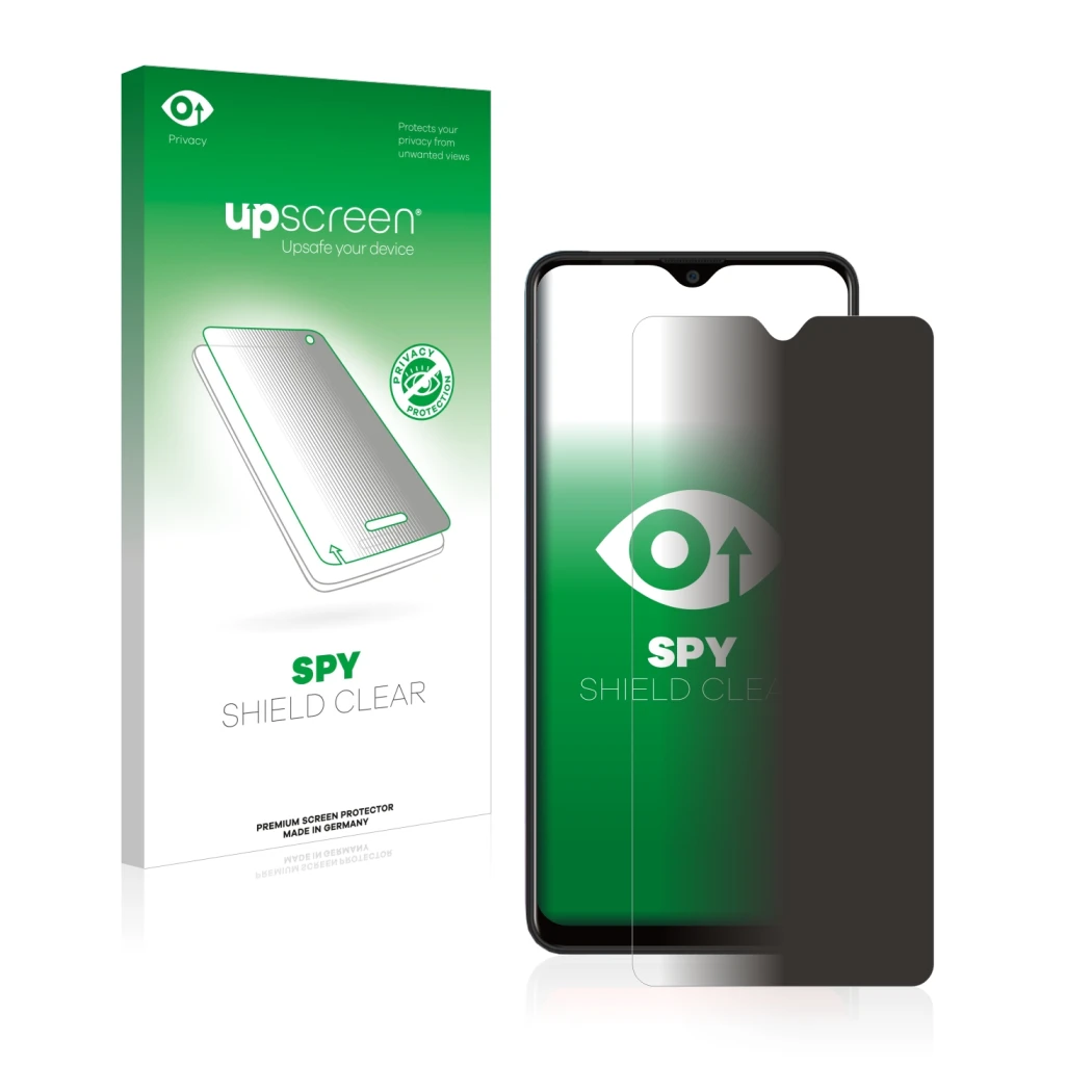 Parte frontal de un envase de producto con el logotipo de la marca upscreen. Al lado se muestra el dispositivo Blackview A80 P