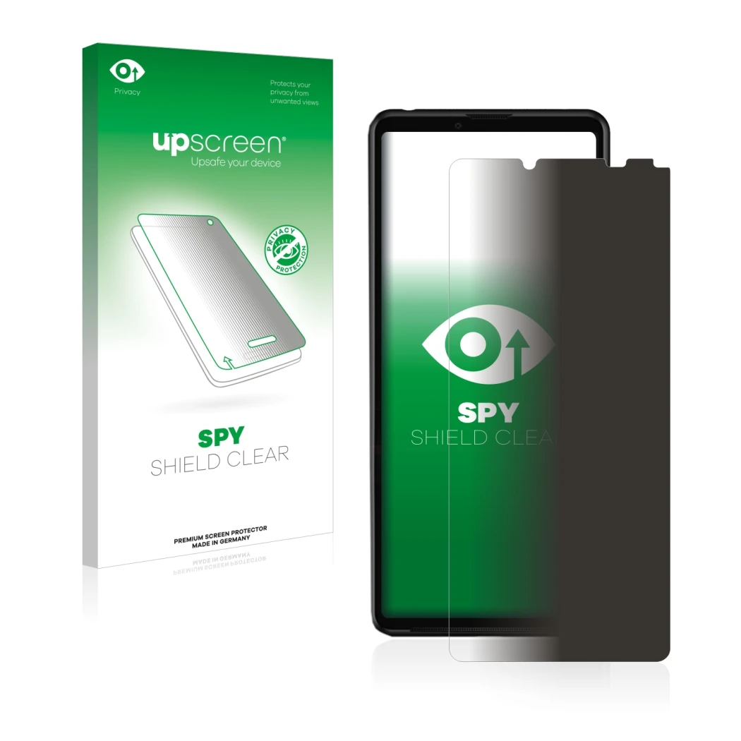 Parte frontal de un envase de producto con el logotipo de la marca upscreen. Al lado se muestra el dispositivo Sony Xperia 10 