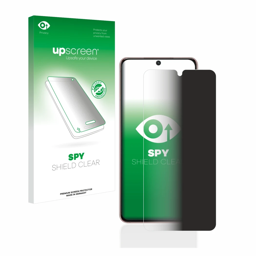 Parte frontal de un envase de producto con el logotipo de la marca upscreen. Al lado se muestra el dispositivo Samsung Galaxy 