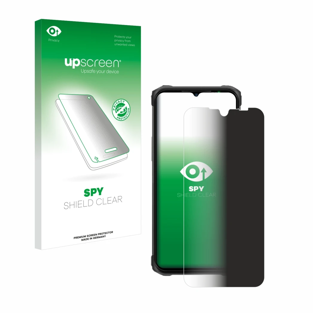 Parte frontal de un envase de producto con el logotipo de la marca upscreen. Al lado se muestra el dispositivo Ulefone Armor 1