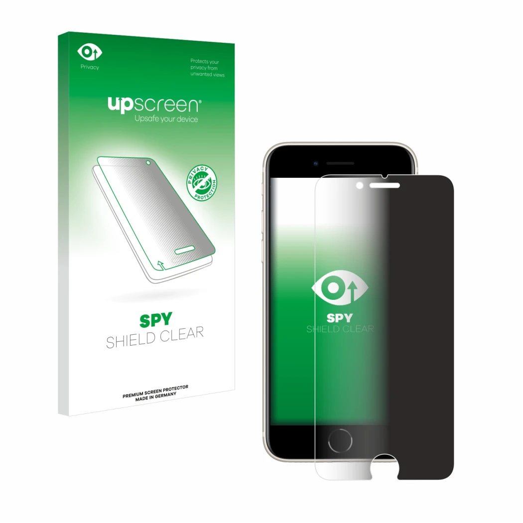 Parte frontal de un envase de producto con el logotipo de la marca upscreen. Al lado se muestra el dispositivo Apple iPhone SE