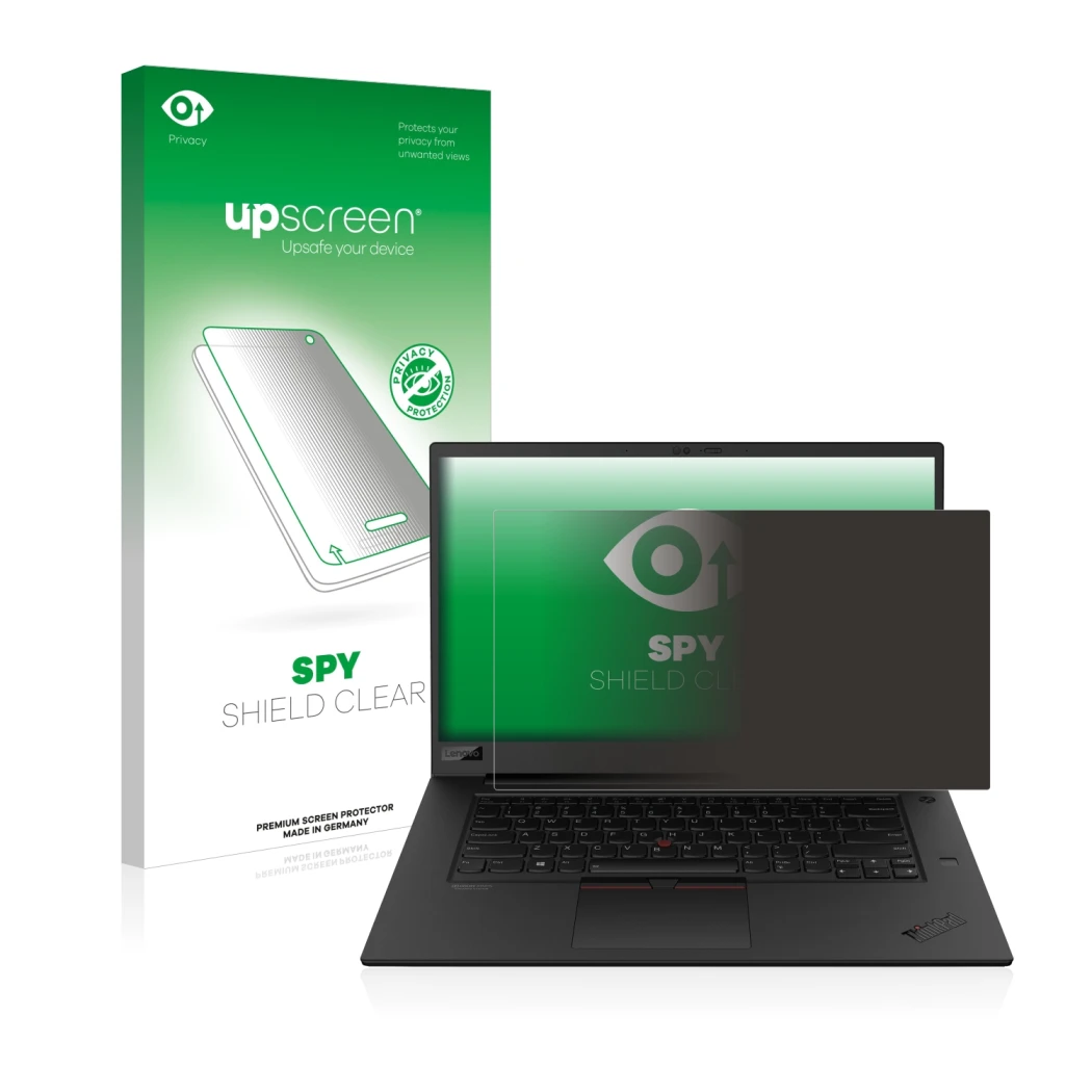 Parte frontal de un envase de producto con el logotipo de la marca upscreen. Al lado se muestra el dispositivo Lenovo ThinkPad