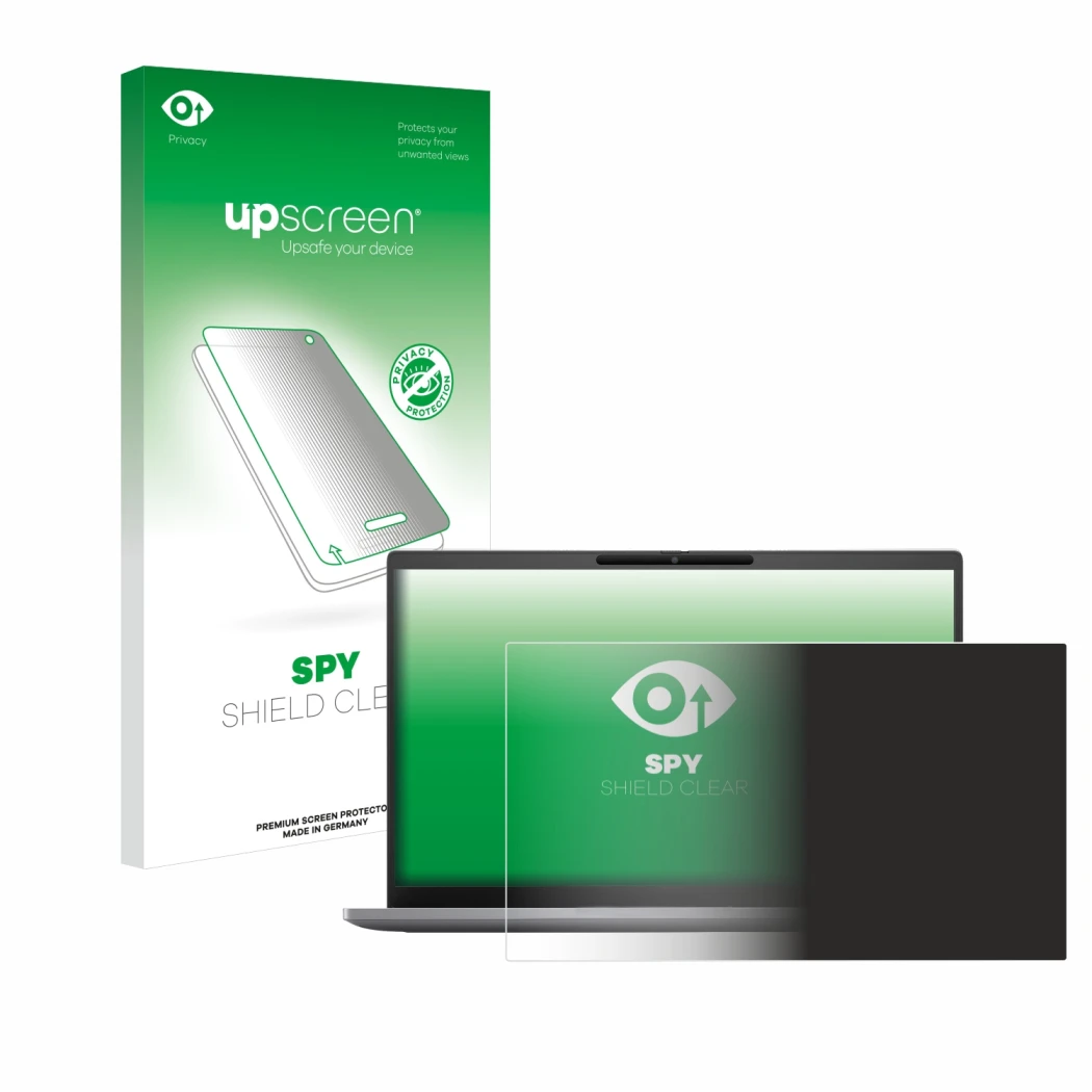 Parte frontal de un envase de producto con el logotipo de la marca upscreen. Al lado se muestra el dispositivo Dell Latitude 7