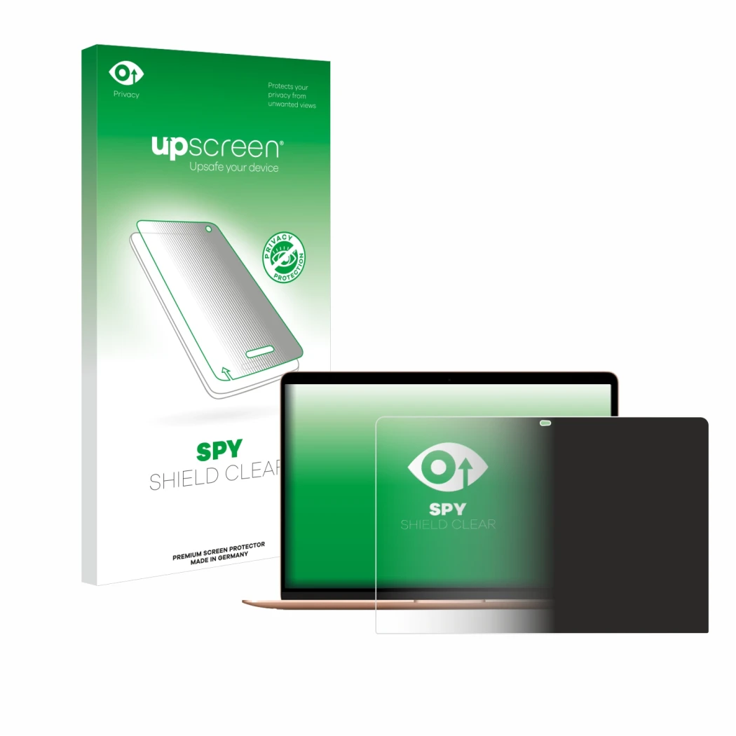 Parte frontal de un envase de producto con el logotipo de la marca upscreen. Al lado se muestra el dispositivo Apple MacBook A