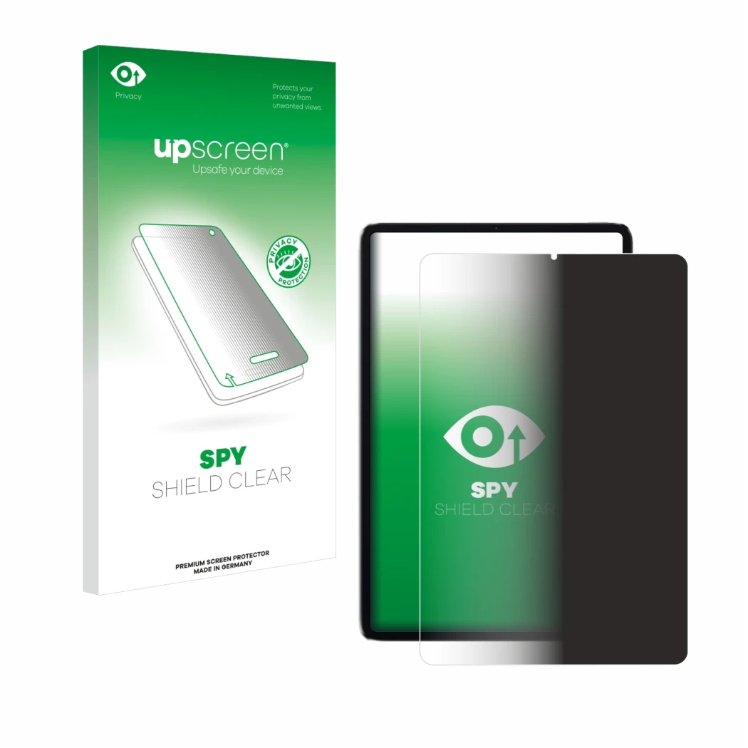 Parte frontal de un envase de producto con el logotipo de la marca upscreen. Al lado se muestra el dispositivo Xiaomi Mi Pad 5