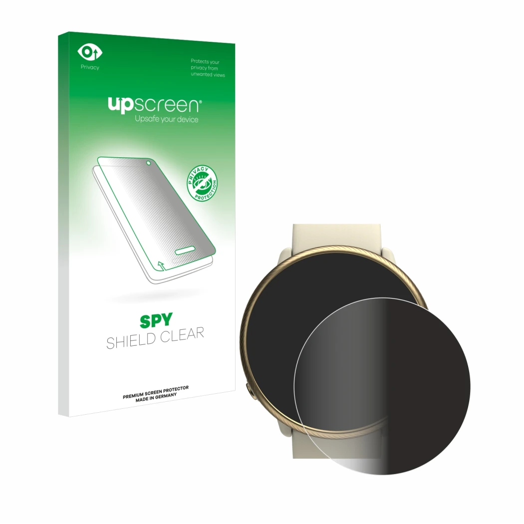Parte frontal de un envase de producto con el logotipo de la marca upscreen. Al lado se muestra el dispositivo Polar Ignite 2