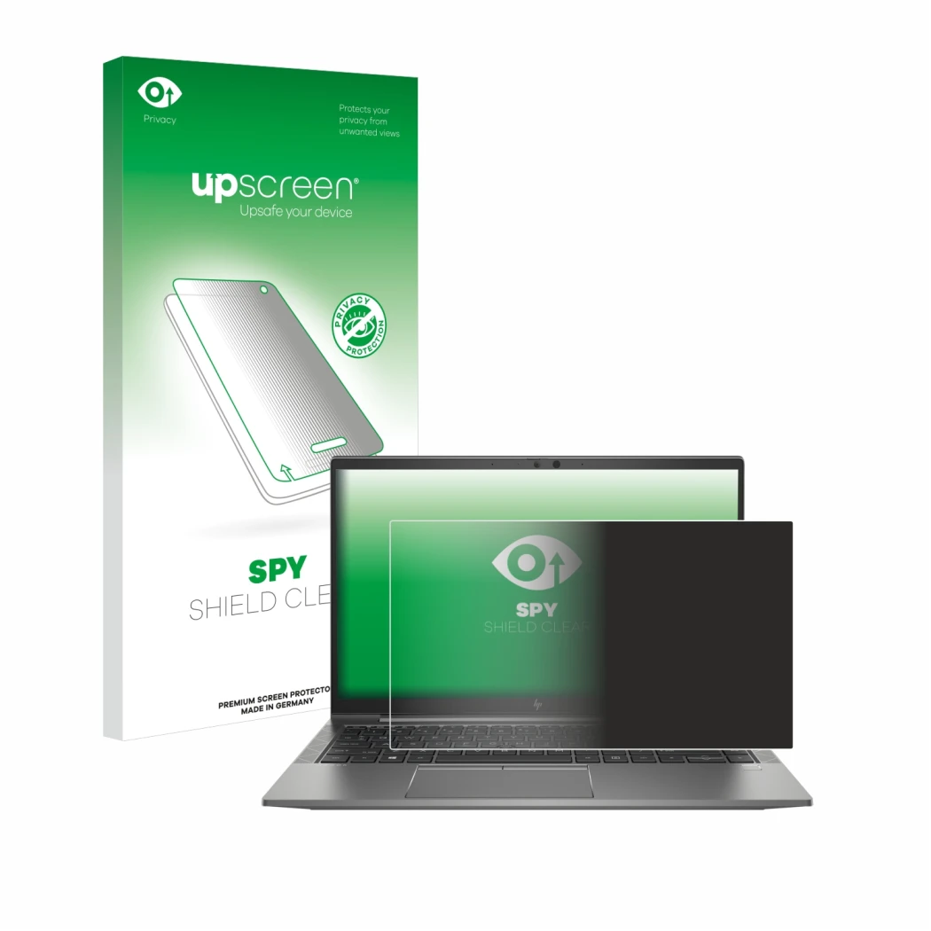 Parte frontal de un envase de producto con el logotipo de la marca upscreen. Al lado se muestra el dispositivo HP ZBook Firefl