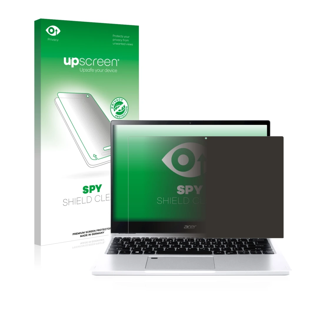 Parte frontal de un envase de producto con el logotipo de la marca upscreen. Al lado se muestra el dispositivo Acer Spin 3 SP3