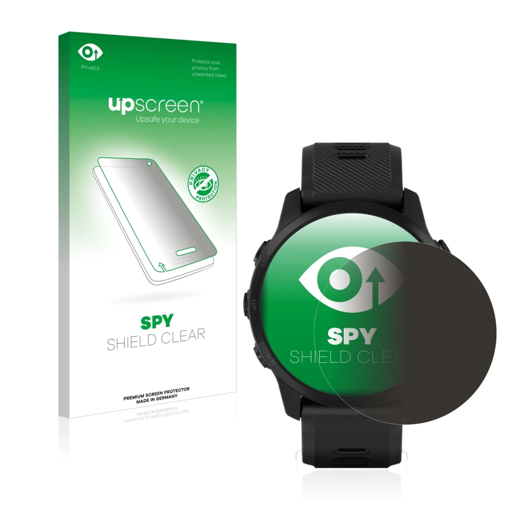 Parte frontal de un envase de producto con el logotipo de la marca upscreen. Al lado se muestra el dispositivo Garmin Forerunn