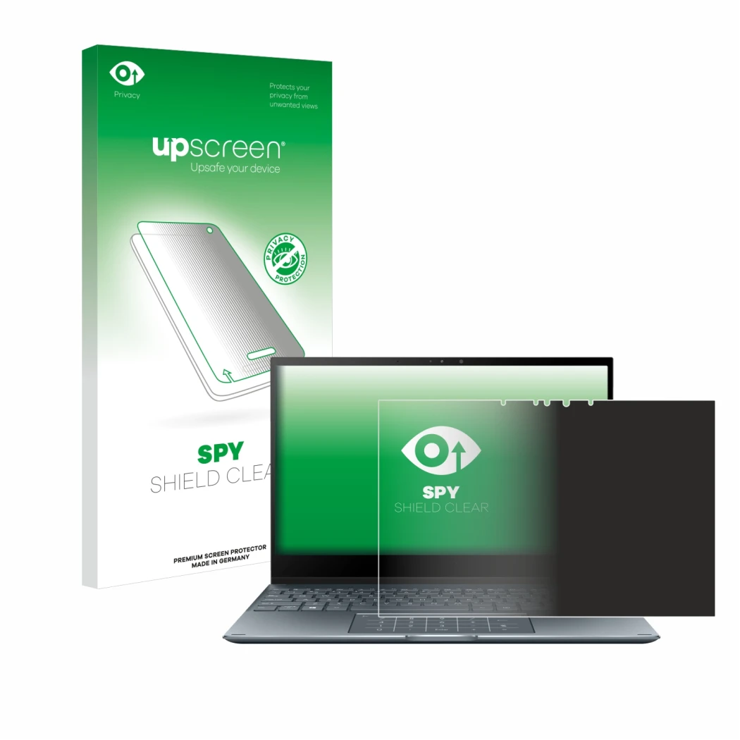 Parte frontal de un envase de producto con el logotipo de la marca upscreen. Al lado se muestra el dispositivo ASUS ZenBook Fl