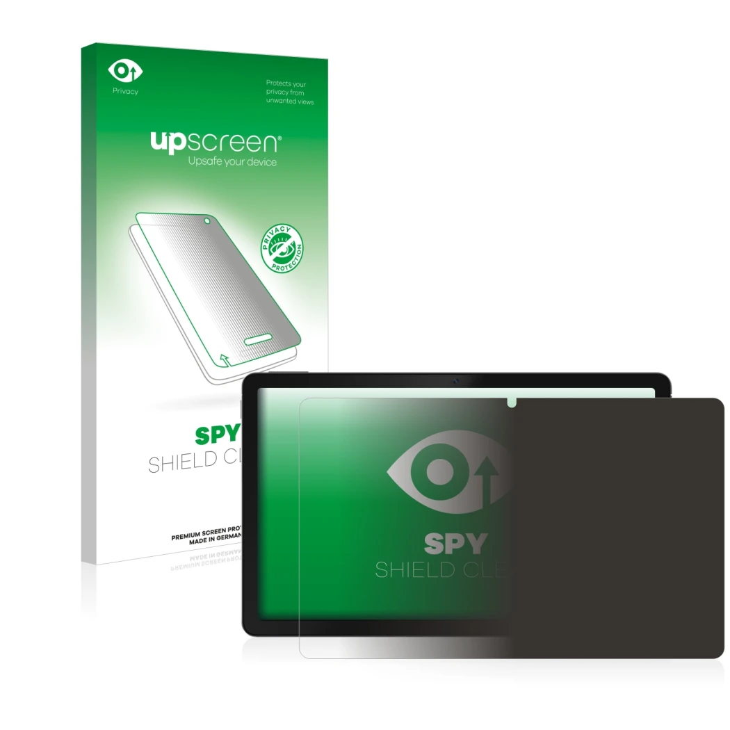 Parte frontal de un envase de producto con el logotipo de la marca upscreen. Al lado se muestra el dispositivo realme Pad con