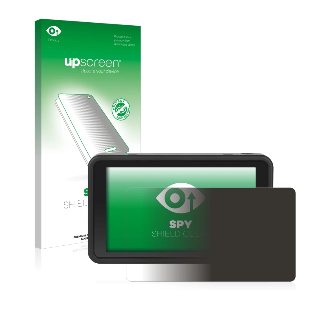 Parte frontal de un envase de producto con el logotipo de la marca upscreen. Al lado se muestra el dispositivo Desview R5 5.5