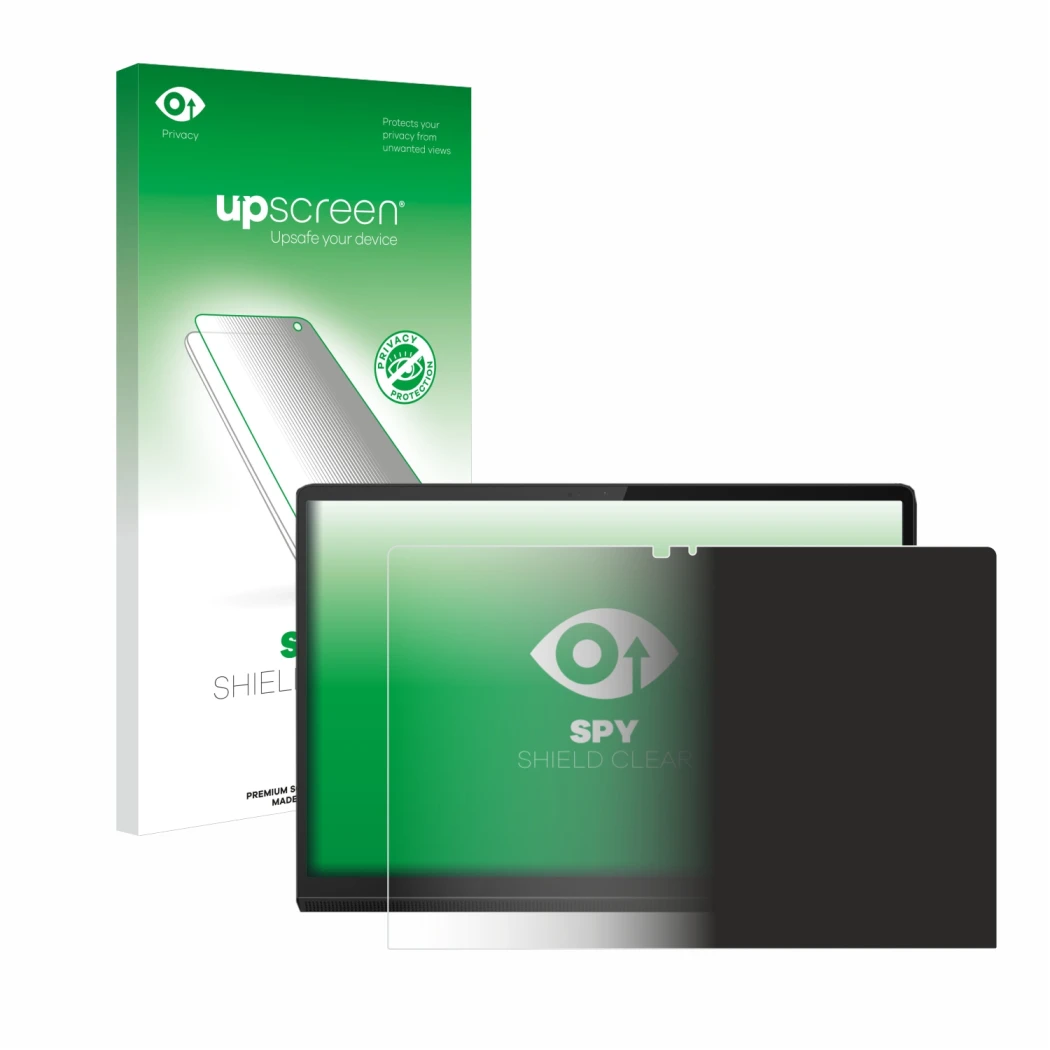 Parte frontal de un envase de producto con el logotipo de la marca upscreen. Al lado se muestra el dispositivo Lenovo Yoga Tab