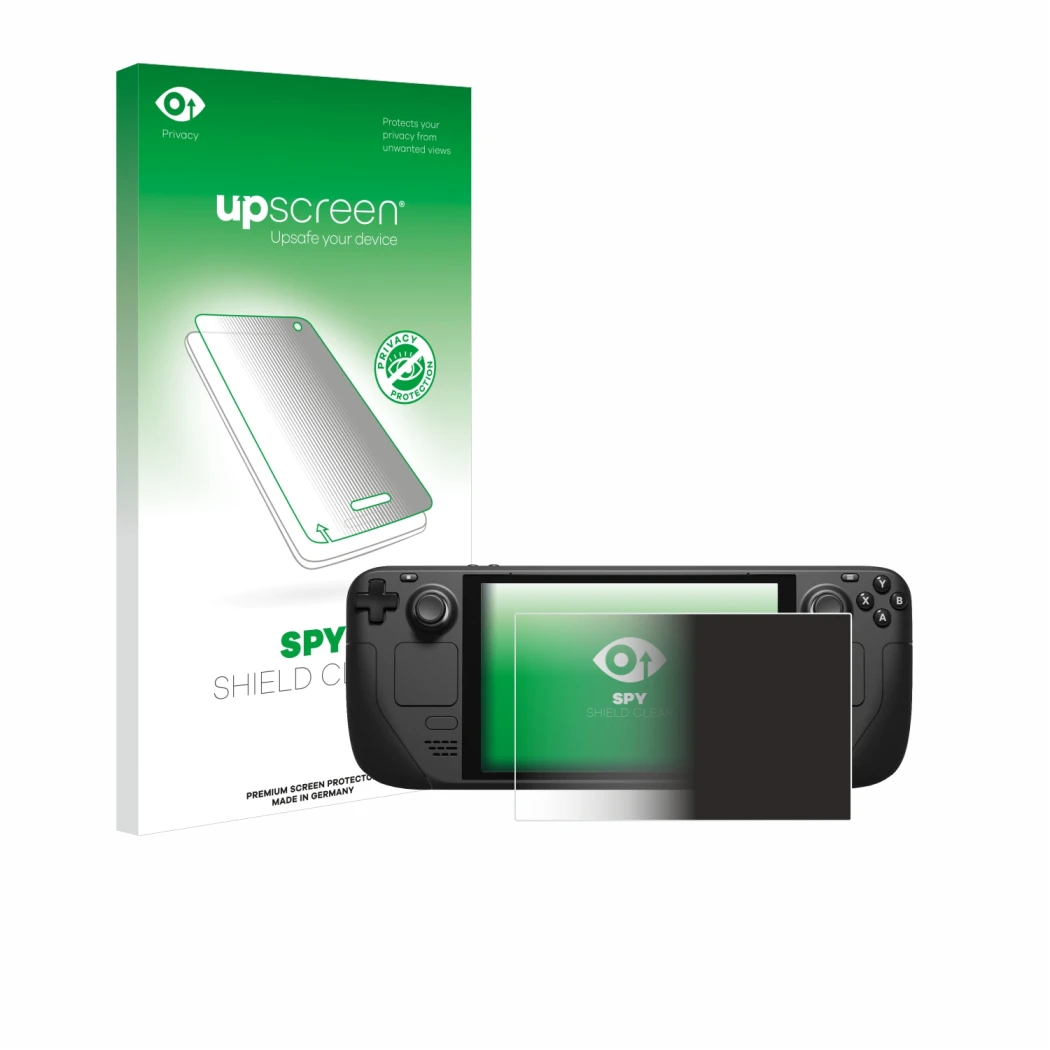 Parte frontal de un envase de producto con el logotipo de la marca upscreen. Al lado se muestra el dispositivo Valve Steam Dec