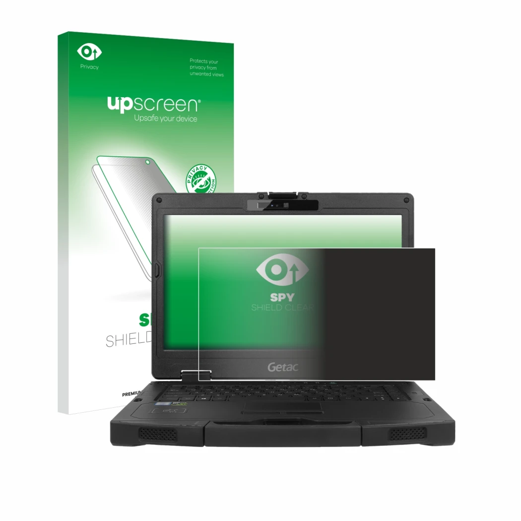 Parte frontal de un envase de producto con el logotipo de la marca upscreen. Al lado se muestra el dispositivo Getac S410 con 