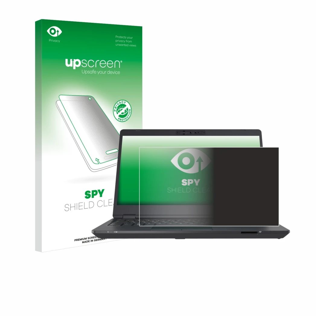 Parte frontal de un envase de producto con el logotipo de la marca upscreen. Al lado se muestra el dispositivo Fujitsu Lifeboo