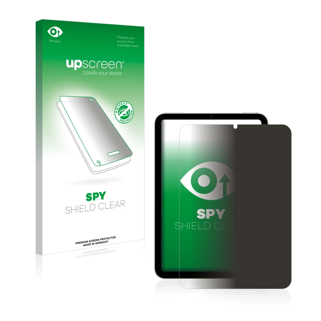 Parte frontal de un envase de producto con el logotipo de la marca upscreen. Al lado se muestra el dispositivo Apple iPad Mini