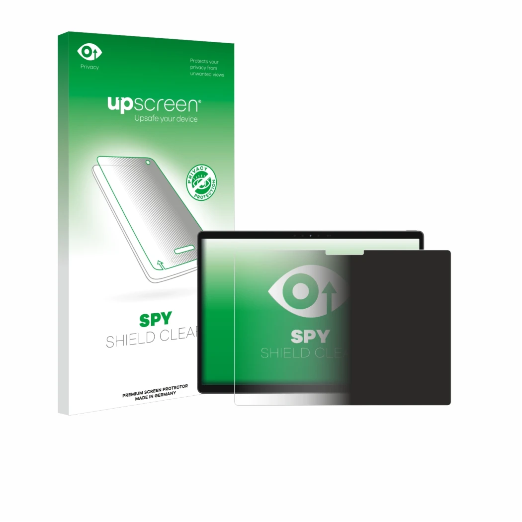 Parte frontal de un envase de producto con el logotipo de la marca upscreen. Al lado se muestra el dispositivo Dell Latitude 7