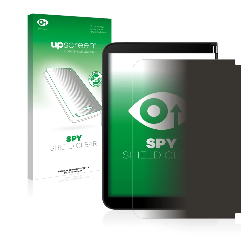 Parte frontal de un envase de producto con el logotipo de la marca upscreen. Al lado se muestra el dispositivo Microsoft Surfa